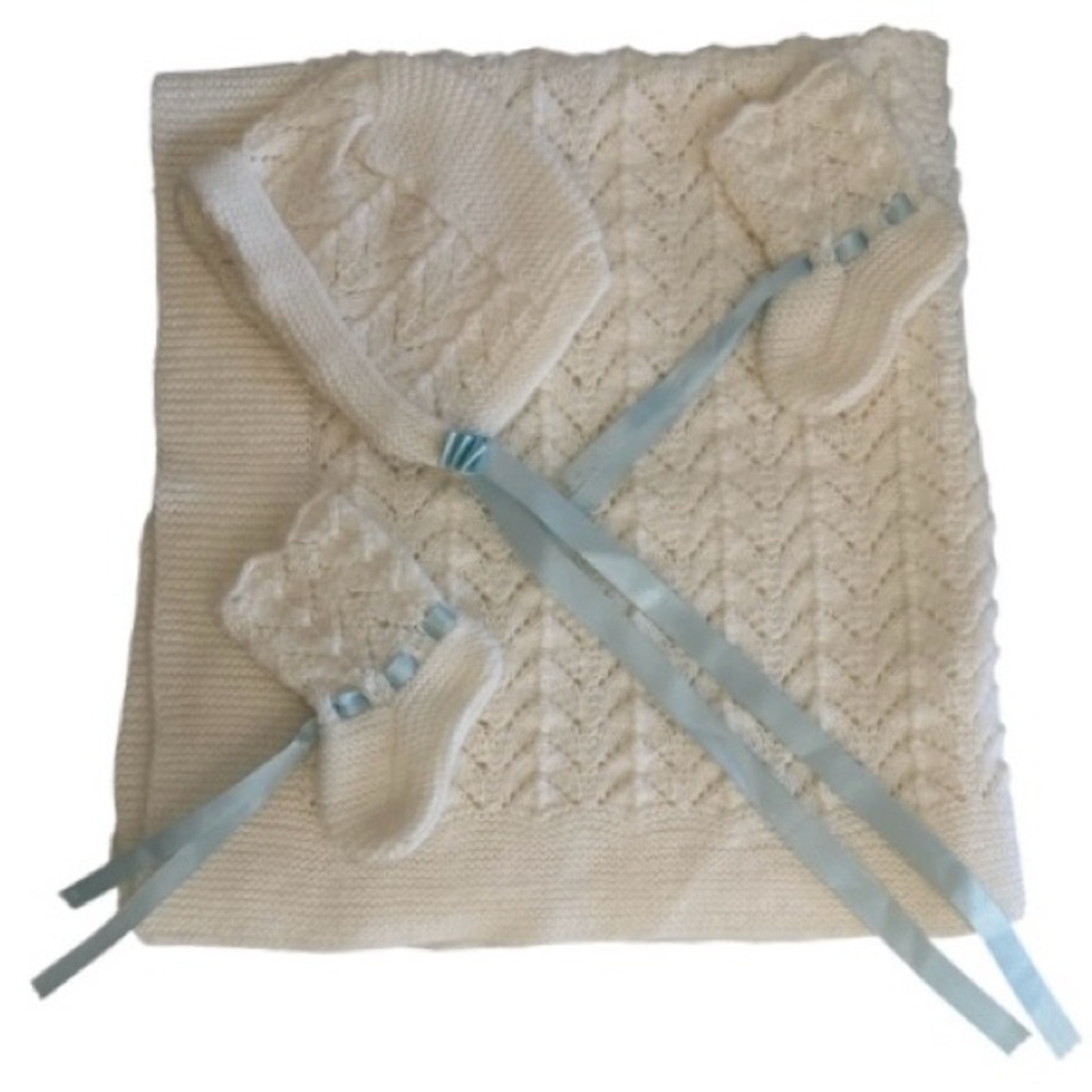 Vintage | Handmade | White Knit Baby Blanket, Bonnet & Booties